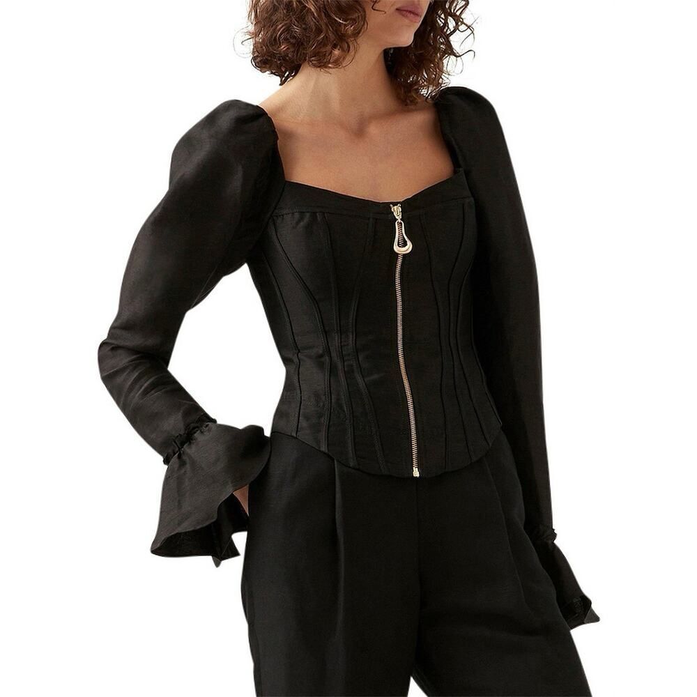 NWT Aje Giselle Black Linen Blend Corset Top AU 6 US 2 NWT Puff Sleeve XS